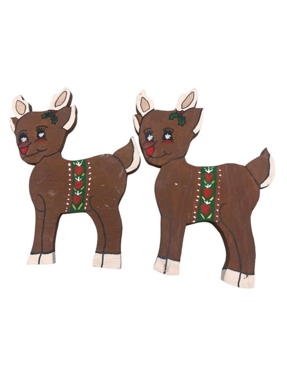 set of 2 hand painted craved Christmas reindeer wood artwork decor Rudolph READ